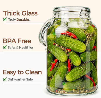 ComSaf 1.1 Gallon Glass Jars with Airtight Lids (138oz, Set of 2), 4-Inch Extra-Wide Mouth Heavy Duty Canisters for Bulk Flour, Sugar & Rice Storage, Ideal for Kombucha, Kimchi, Sauerkraut & Pickling