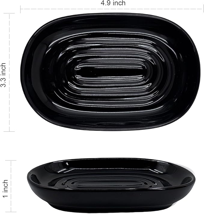 Ceramic Marble Pattern Soap Dish, Textured Raised Soap Saver Tray for Shower Bathroom Kitchen Sink Vanity, Easy to Clean Multi-Use Holder for Bar Soap Jewelry Rings Keys, Black (1 Pack)