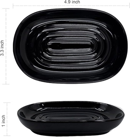 Ceramic Marble Pattern Soap Dish, Textured Raised Soap Saver Tray for Shower Bathroom Kitchen Sink Vanity, Easy to Clean Multi-Use Holder for Bar Soap Jewelry Rings Keys, Black (1 Pack)