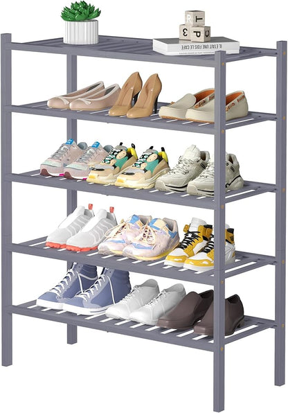 ROMGUAR CRAFT 5 Tier Bamboo Shoe Rack for Closet Free Standing Wood Shoe Shelf for Entryway Small Space Stackable 27"x11"x33" (Grey)