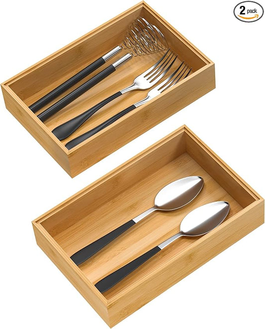 VeyFey Silverware Tray for Drawer, Stackable Kitchen Bamboo Drawer Organizer 9" x 6" x 2" Set of 2