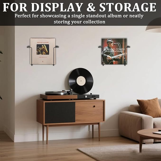 2 Pcs Vinyl Wall Mount Holder, Metal Vinyl Record Wall Mount Shelf, Matte Black Floating LP Display Rack, Minimalist Steel Album Holder, Wall Mounted Storage for LPs & Album Covers Black
