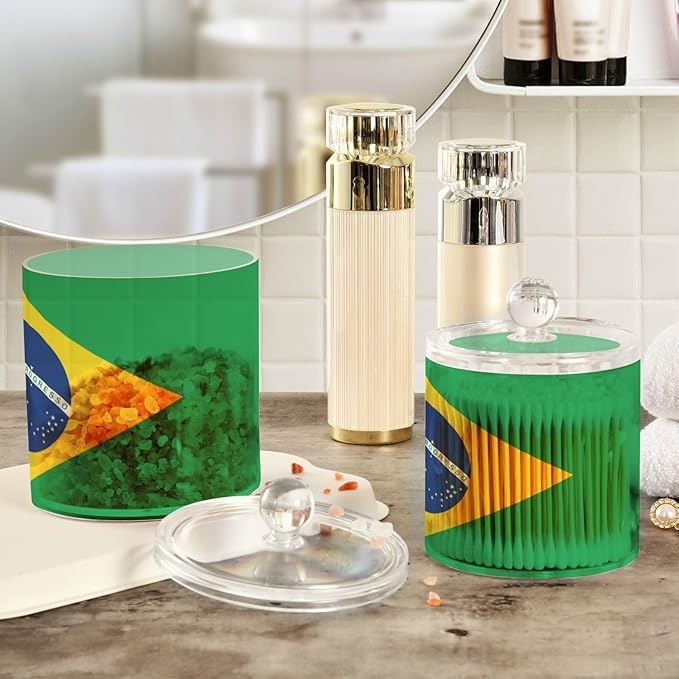 DOMIKING Brazilan Flag 2 Pack Bathroom Canisters Cotton Swab Holder Dispenser Plastic Cotton Ball Jar Acrylic Storage Containers for Floss Makeup Sponges Cotton Ball
