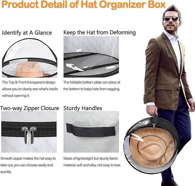 Clear Organizers Hat Box, Cowboy Baseball Cap Storages Box, Hat Organizer Storage Display Case, Wide Brim Hats Boxes for Women Storage, Room Organization (Black)