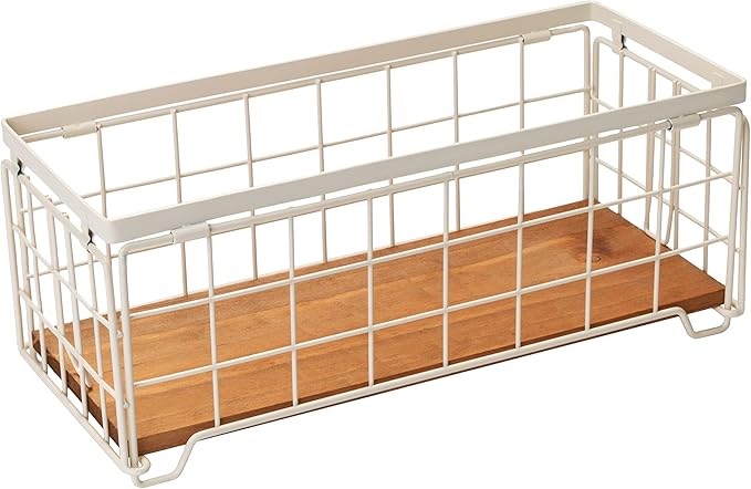 TIEYIPIN Metal Wire Storage Basket, Toilet Paper Roll Holder Wood Base Countertop Decor Box Toilet Tank Shelf Cabinet Organizer for Bathroom Pantry Garage Bedroom Livingroom - Cream White