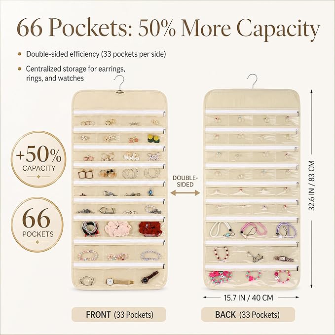 Cabilock 66 Pockets Hanging Jewelry Organizer, Double Sided Zippered Earring Holder with Clear Pockets, Space Saving Necklace Bracelet Ring Storage Bag for Closet, Door, Wall and Travel, Beige 1pcs