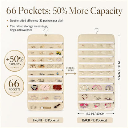 Cabilock 66 Pockets Hanging Jewelry Organizer, Double Sided Zippered Earring Holder with Clear Pockets, Space Saving Necklace Bracelet Ring Storage Bag for Closet, Door, Wall and Travel, Beige 1pcs