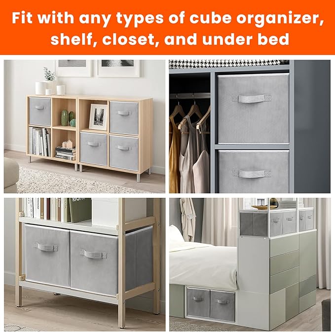 Criusia Storage Cubes - 11 Inch Heavy Duty Fabric Closet Bins for Shelves, Cube Organizer - 8 Pack Collapsible Decorative Storage Bins Baskets for Organizing Clothes Blankets Toys (Grey)