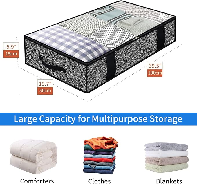 Onlyeasy 4 Pack Under Bed Clothes Storage Bags Organizer with Reinforced Handles and Zippers, Foldable Underbed Storage Container Bags for Blankets, Comforters, Bedding, Linen-like Black, MXAUBBP4