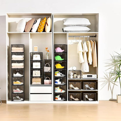 Amllas New Gray 8 Pack Shoe Boxes Stackable, Large Shoe Storage Organizer with Lids,Drop Side Shoe Containers for Entryway,Sneaker Storage Fit up to US Size 13 for Men/Women(13’’x 10.6”x 8.3”)