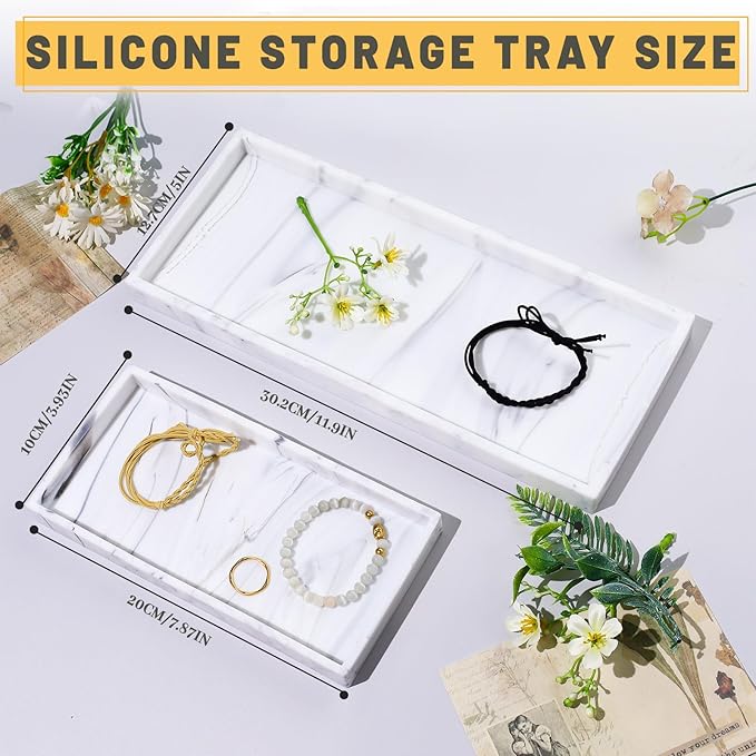 2 Silicone Bathroom Counter Tray, 7.8" x 3.9" & 11.8" x 5" Vanity Tray, Decorative Kitchen Soap Holder Plate Organizer for Makeup Perfume Candle Key Storage Toilet Tank Sink Table Desk (Marble White)