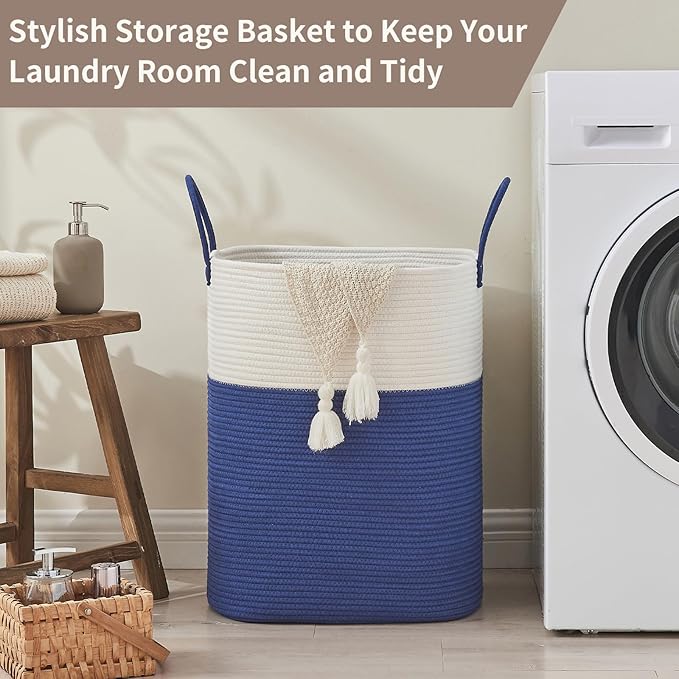 AINUOQI Laundry Basket with Handles - Blanket Basket & Hampers for Bedroom Aesthetic, Laundry Hamper & Blanket Storage for Living Room, Clothes Hamper, Tall, Large 17" x 14" x 23”, White & Dark Blue