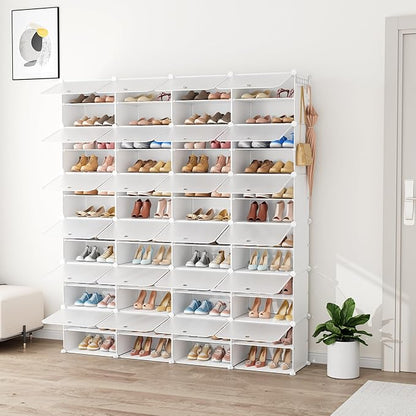 Shoe Rack Organizer 12 Tier Shoe Storage Cabinet with Door 96 Pair Tall Shoes Rack Expandable Free Standing Sturdy Plastic Easy Assembly Shoes Shelf for Closet Entryway Bedroom Hallway White