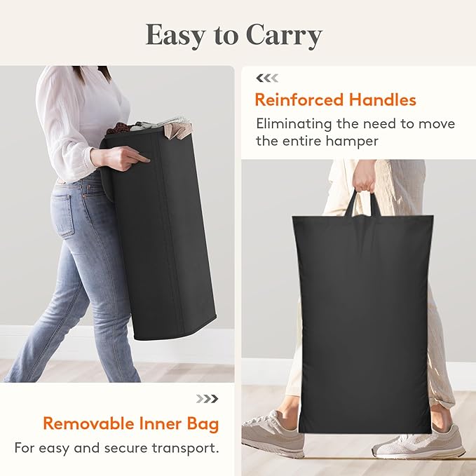 Lifewit Slim Laundry Basket with Lid, Narrow Large Laundry Hamper with Plastic Handles and Removable Bag, Tall Foldable Dirty Clothes Hampers for Laundry Room, Bedroom, Bathroom, Dorm, 75L Black