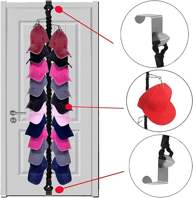 Cap Hanger Hat Hats Baseball Cap Caps Rack Organizer Baseball Cap Holder Cowboy hat Storage , Holds Up to 20 Hats Any Size Style Shape! Door Wall Closet Organize Anything. Hanging on Hanger - No Cap