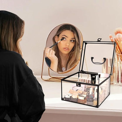 Costravio Makeup Display Clear Clear Makeup Case Portable Transparent Artists Train Case Crown Box Large Capacity Toiletry Organizer Box Travel Makeup Storage for Vanity Bathroom Craft Toys Case