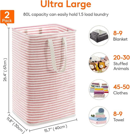 Lifewit 2 Pack Laundry Basket 80L Each, Collapsible Clothes Hamper with Reinforced Handles, Freestanding Waterproof Design for Bedroom and Laundry Room, Pink&Blue 160L Total