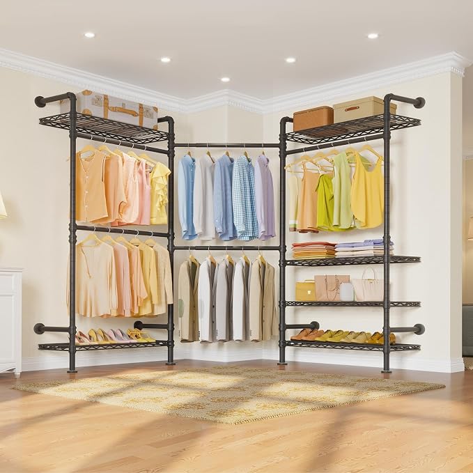 Timate L3 L Shape Garment Rack Heavy Duty Clothes Rack for Hanging Clothes, Expandable Industrial Pipe Wall Mounted Clothing Rack, Adjustable Corner Closet Wardrobe Closet Kit Closet Systems, Black