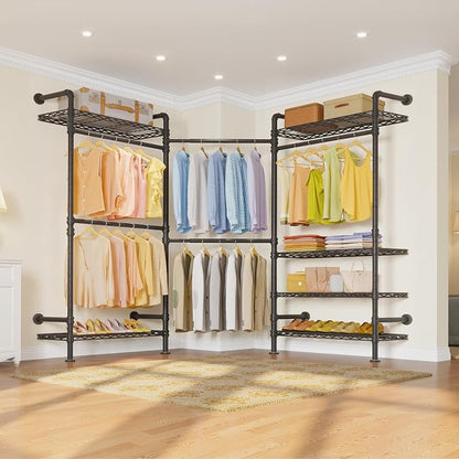 Timate L3 L Shape Garment Rack Heavy Duty Clothes Rack for Hanging Clothes, Expandable Industrial Pipe Wall Mounted Clothing Rack, Adjustable Corner Closet Wardrobe Closet Kit Closet Systems, Black