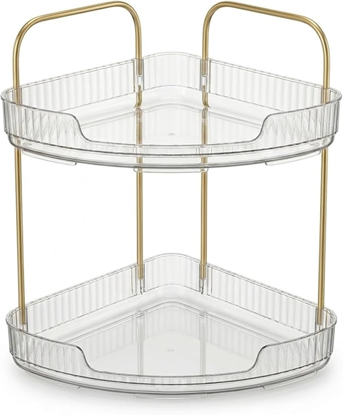 2-Tier Acrylic Corner Bathroom Organizer with Handle Round Skincare & Makeup Storage Tray, Waterproof, Lightweight, Heat Resistant Vanity Shelf for Countertop, Kitchen, Bedroom, Dresser