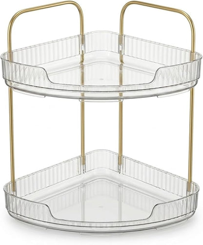 2-Tier Acrylic Corner Bathroom Organizer with Handle Round Skincare & Makeup Storage Tray, Waterproof, Lightweight, Heat Resistant Vanity Shelf for Countertop, Kitchen, Bedroom, Dresser