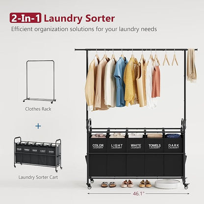 Tajsoon Laundry Sorter with Hanging Rack, 5 Sections Laundry Sorter with Lockable Wheels and Removable Bag, Removable Basket Organizer for Bedroom, Bathroom, Black