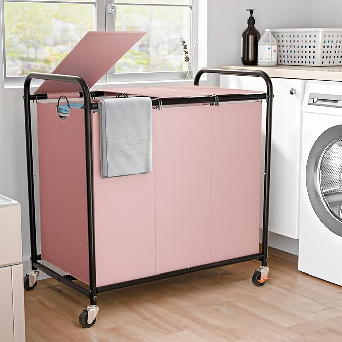 180L (47.55 Gal) Laundry Sorter 3 Section, Rolling Laundry Basket with Lockable Wheels and Lid, Laundry Hamper with 3 Separated Removable Bags Dirty Clothes Hamper for Laundry Room Organizer, Pink