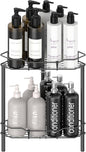 HuggieGems 2 Tier Floor Standing Corner Shower Caddy Organizer Shelf with Hooks, Bathroom Shelves Stand Rack, Matt Black