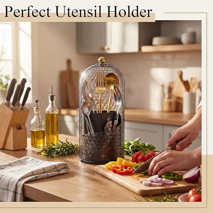 2 Pack 360° Rotating Silverware Organizer, Utensil Holder with Lid for Kitchen Counter Silverware Caddy with Drainage Dustproof Flatware Holder for Cutlery Spoon Fork (Diamond Black,3 Slot)