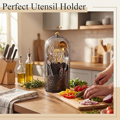 2 Pack 360° Rotating Silverware Organizer, Utensil Holder with Lid for Kitchen Counter Silverware Caddy with Drainage Dustproof Flatware Holder for Cutlery Spoon Fork (Diamond Black,3 Slot)