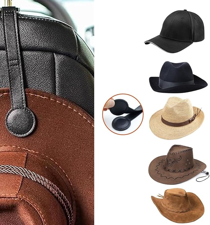 2 Pack Leather Cowboy Hat Holder with Magnetic Attraction, Car Truck SUV Hat Organizer Accessories, Durable Cowboy Hat Rack for Caps, Keys, Sunglasses