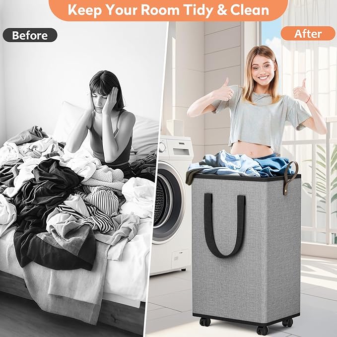 SpaceTrove Laundry Basket with Wheels, Collapsible Laundry Baskets, Laundry Hamper with Handles Detachable Wheels, Rolling Laundry Basket, Dirty Clothes Hamper for Bathroom, Dorm, Bedroom, Grey, 100L
