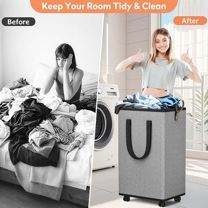 SpaceTrove Laundry Basket with Wheels, Collapsible Laundry Baskets, Laundry Hamper with Handles Detachable Wheels, Rolling Laundry Basket, Dirty Clothes Hamper for Bathroom, Dorm, Bedroom, Grey, 100L