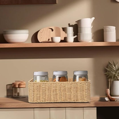 Drawer basket Handwoven Paper Rope Rectangular Shallow Basket Storage-15.35X12.01X4.72 Inches (Light brown)