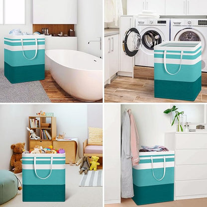 HomeHacks 2-Pack Large Laundry Basket, Waterproof, Freestanding Laundry Hamper, Collapsible Tall Clothes Hamper with Extended Handles for Clothes Toys in the Dorm and Family (Green, 125L)