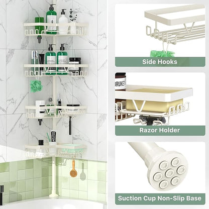 DAOYA Corner Shower Caddy Tension Pole, 4-Tier Adjustable Corner Shower Caddy with Soap Dish & Razor Holder, Stainless Steel Tension Pole Shelf Fits Bathtub & Floor 25-114.2 inches(Off-white)