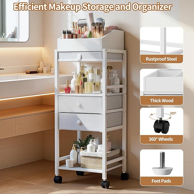 Luxspire Makeup Organizer Cart, Floor Skincare Organizers, Makeup Storage with Drawers, Vanity Organizer Cosmetics Display Cases Holder for Skin Care Perfume Nail Polish Makeup Brush Hair Tool, White