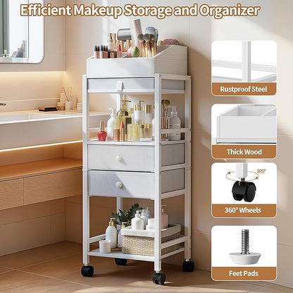 Luxspire Makeup Organizer Cart, Floor Skincare Organizers, Makeup Storage with Drawers, Vanity Organizer Cosmetics Display Cases Holder for Skin Care Perfume Nail Polish Makeup Brush Hair Tool, White