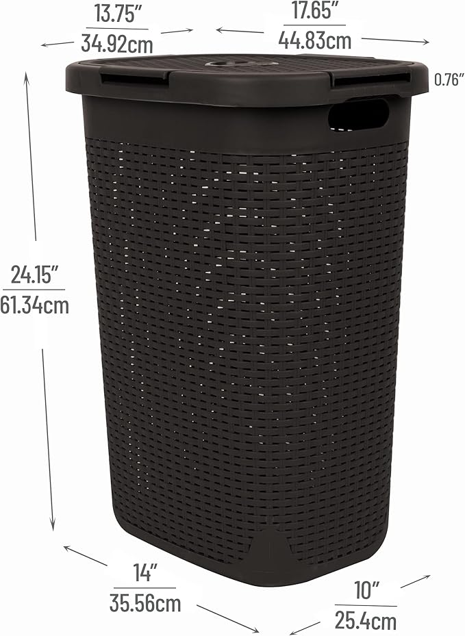 Mind Reader Slim Laundry Hamper with Lid, 60L Tall Clothes Basket, Narrow Tapered Design for Bathrooms, Closets and Laundry Rooms, Plastic, Brown