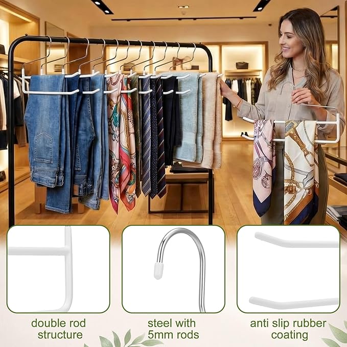 Unittype 10 Pcs Pants Hangers Double Rod Saving Space Jean Hangers Non-Slip Open-Ended Chrome Steel Clothing Rack for Apartment Closet Storage Organizer Leggings Trousers Scarves Slacks (White)