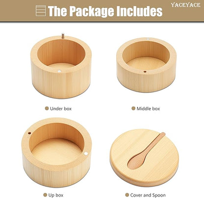 Bamboo Salt Cellar Bowl Box, 10oz Three-layer Small Salt and Pepper Containers, Bamboo Container Box with Lid and Spoon for Salt, Pepper