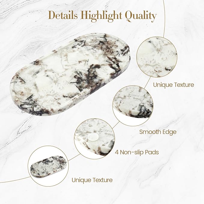 Natural Marble Tray Bathroom Tray, Luxury Decorative Trays for Bathroom, Vanity, Dresser, Kitchen & Home Decor, Valentine's Day House Warming Gifts New Home (Gold)