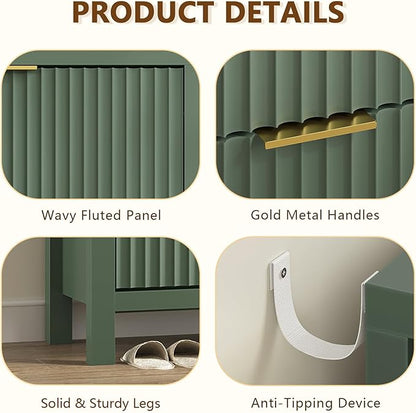 YOMILUVE Fluted Shoe Storage Cabinet with 2 Flip Drawers, Freestanding Shoe Organizer, Hidden Slim Narrow Shoe Rack for Entryway, Hallway, Green
