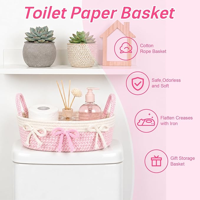 Toilet Bow Paper Basket–Woven Rope Pink Bow Decorative Bathroom Decor Organizer Toilet Tank Top Storage Basket, Oval Shelf Bin with Handles, Over Bedroom Wedding Paper Holder, 13" D x 4" H in