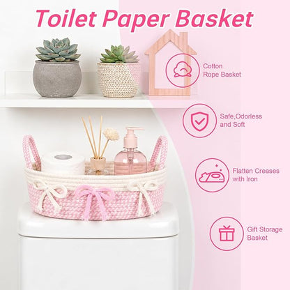 Toilet Bow Paper Basket–Woven Rope Pink Bow Decorative Bathroom Decor Organizer Toilet Tank Top Storage Basket, Oval Shelf Bin with Handles, Over Bedroom Wedding Paper Holder, 13" D x 4" H in