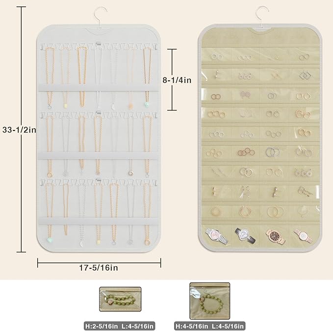 Hanging Jewelry Organizer Storage, 40 Pockets 36 Hooks Necklace Earring Bracelet Ring Organizer, Double - Sided Design, White and Beige