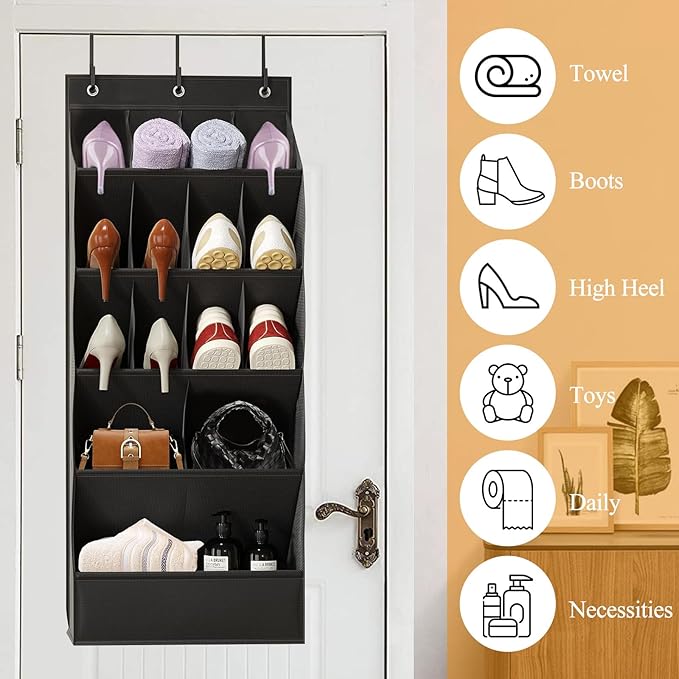 Over the Door Organizer 5 Tiers, Extra Large Behind Door Storage of 15 Compartments Fit 16-24 Pairs Hanging Shoe Rack Organiser for Closet, Deep Pocket Shoe Holder for Sneakers,Boots Storage