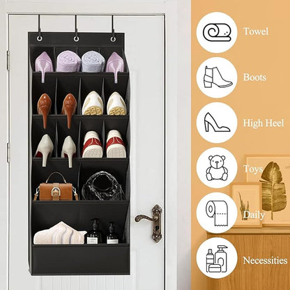 Over the Door Organizer 5 Tiers, Extra Large Behind Door Storage of 15 Compartments Fit 16-24 Pairs Hanging Shoe Rack Organiser for Closet, Deep Pocket Shoe Holder for Sneakers,Boots Storage