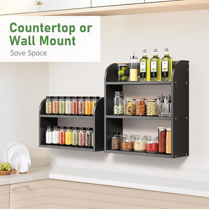 ROMGUAR CRAFT 3 Tier Bamboo Spice Rack, Countertop or Wall Mounting Wood Spice Jars Organizer Shelf for Kitche, Pantry (Black)