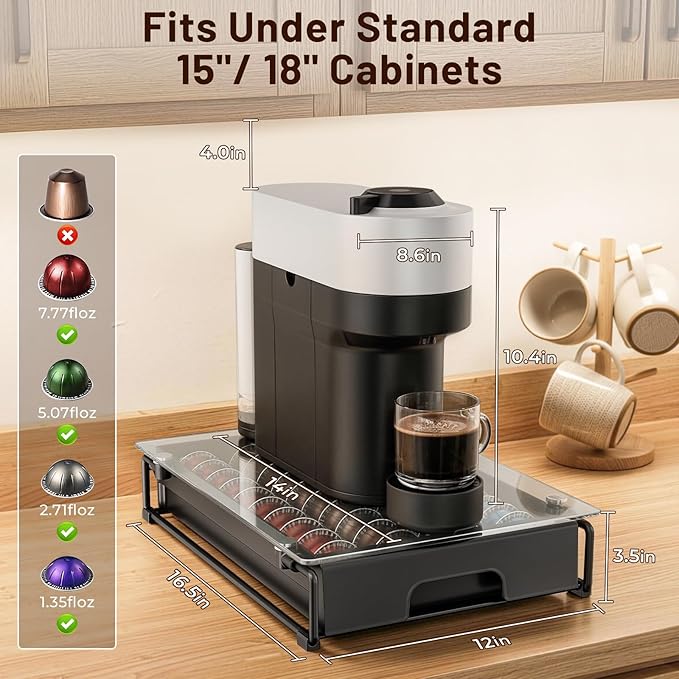 EVERIE Coffee Pod Drawer Organizer for Nespresso Machines,High-Capacity Storage for Vertuo Capsules,Smooth Pull-Out Design, Fits Under Coffee Makers (12”W x 16.5”D x 3.5”H)